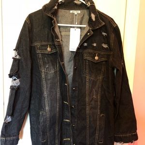 Long distressed denim jacket